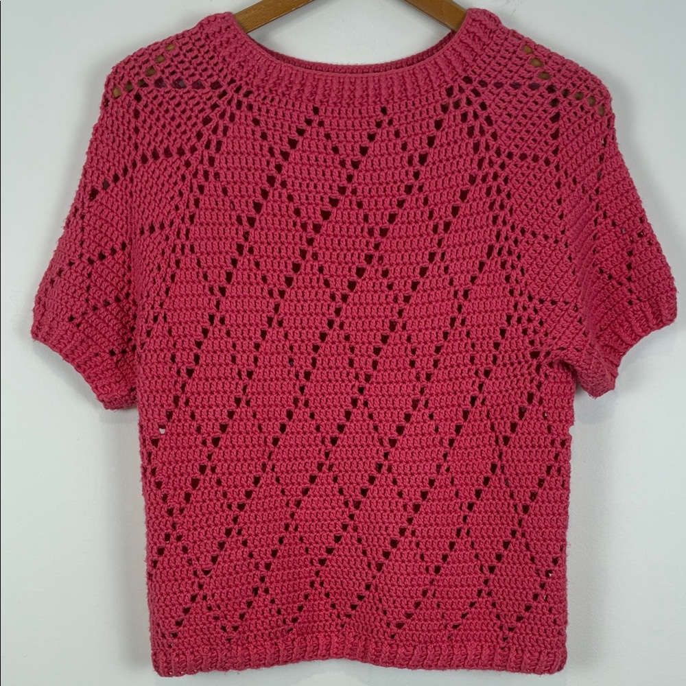 Handmade Crochet Short Sleeve Sweater Women’s Small Raspberry Pink